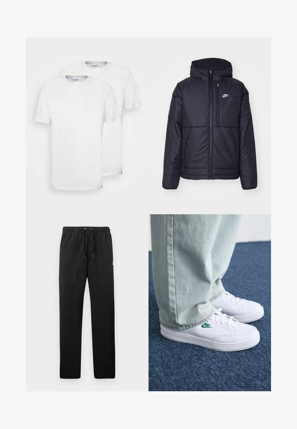 Črna, podložena Nike jakna z sprednjim zadrgo in kapuco. Ima bel logo na levem prsnem delu in dvojna sprednja žepa. Gladka zunanja tekstura.; Dve bele bombažne majice kratkih rokavov s okroglo izrezom. Imajo gladko teksturo in brez vidnih vzorcev ali oblik.; Črne trenirke iz flisa, z elastičnim pasom in vrvico, dvema sprednjima žepoma ter majhnim logotipom na stegnu.; Bela usnjena športna obutev z zelenim Nike logotipom, okrogla konica, ravna podplat, v kombinaciji z svetlo modrimi kavbojkami, prikazana na modrem preprogu.