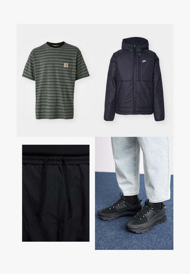 Casaco Nike preto, acolchoado, com fecho à frente e capuz. Apresenta um logo branco no lado esquerdo do peito e dois bolsos frontais. Textura exterior lisa.; T-shirt de mangas curtas listada em cinza e preto, com decote redondo e um pequeno logótipo no peito. Tecido suave e texturizado.; Calções pretos com um cós elástico ajustável, fabricados em tecido leve com uma textura suave e um design simples, sem logótipos ou padrões visíveis.; Sapatilhas desportivas pretas com tecido texturizado e solas em borracha, apresentando atacadores elásticos e um detalhe azul no calcanhar. Usadas com calças de ganga claras.