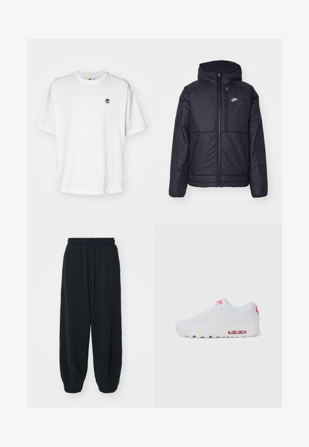 Must musta Nike jope, millel on ees lukuga avamine ja kapuuts. Vasakpoolne rind on kaunistatud valge logoga ning ees on kaks taskut. Sile välimine tekstuur.; Valge puuvillane T-särk ümmarguse kaelusega, lühikeste varrukatega ning vasakul rinnal väike must puu logo. Pehme kangas, lõdva lõikega.; Mustade elastse vöökoha ja laia lõikega dressipüksid, mansetiga sääred, sile tekstuur ning ilma nähtavate mustrite või detailideta.; Valged spordijalatsid, millel on sile pealis, seotud lipsud, pehmendusega tallad ja nähtav õhükamber, mille brändimisel on punased aktsendid.