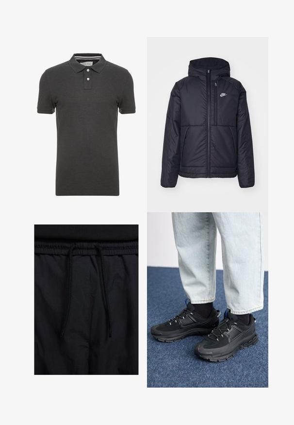 Zwarte, gewatteerde Nike-jas met een voorkant met ritssluiting en capuchon. Kenmerkt zich door een wit logo op de linkerborst en dubbele frontzakken. Gladde buitenkant.; Donkergrijze polo met korte mouwen, een kraag en een drieknoopsluiting. Bevat subtiele gestreepte details binnen de kraag.; Zwarte shorts met een drawstring tailleband, lichtgewicht stof met een zachte textuur en een eenvoudig ontwerp zonder zichtbare logo's of patronen.; Zwarte sportschoenen met gestructureerde stof en rubberen zolen, met elastische veters en een blauwe accent op de hiel. Draag samen met lichte spijkerbroeken.