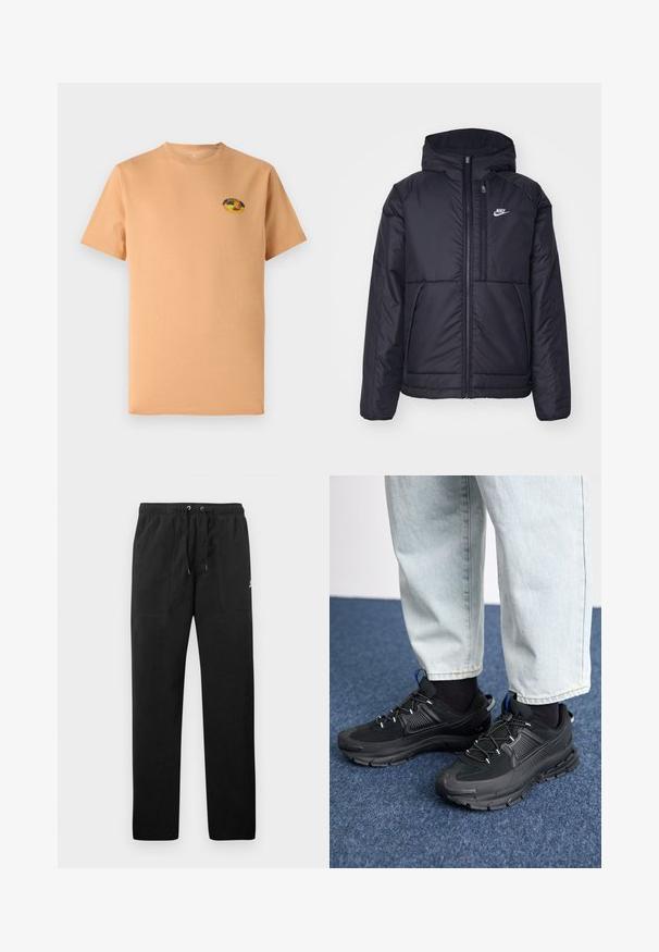 Melna, pufota Nike jaka ar priekšējo rāvējslēdzēju un kapuci. Iezīmēta ar baltu logotipu uz kreisās krūtis un divām priekšējām kabatām. Gluda ārējā tekstūra.; Īsām piedurknēm, gaiši bēšs kokvilnas t-krekls ar apaļu kakla izgriezumu un mazu daudzkrāsainu logotipa uzšuvi kreisajā krūšu daļā.; Melnas sporta bikses, izgatavotas no flīsa, ar elastīgu jostasviedi un auklām, diviem priekšējiem kabatām un nelielu logo uz augšstilba.; Melni sporta apavi ar strukturētu audumu un gumijas zoli, ar elastīgām auklām un zilu akcentu uz papēža. Nēsāti ar gaišām džinsu biksēm.