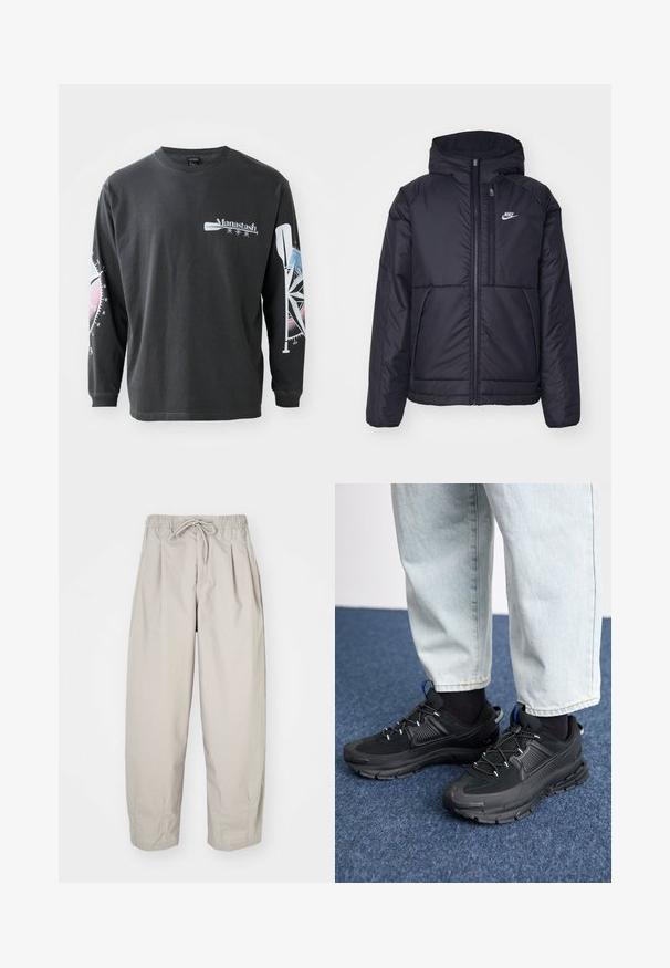 Zwarte, gewatteerde Nike-jas met een voorkant met ritssluiting en capuchon. Kenmerkt zich door een wit logo op de linkerborst en dubbele frontzakken. Gladde buitenkant.; Zwart katoenen t-shirt met lange mouwen, voorzien van een logo aan de voorkant en afbeeldingen van een kompas en een peddel op de mouwen in blauwe en roze tinten.; Beige, lichte broek met een elastische tailleband en trekkoord. Beschikt over plooien en een losse pasvorm, gemaakt van een zachte, gladde stof.; Zwarte sportschoenen met gestructureerde stof en rubberen zolen, met elastische veters en een blauwe accent op de hiel. Draag samen met lichte spijkerbroeken.