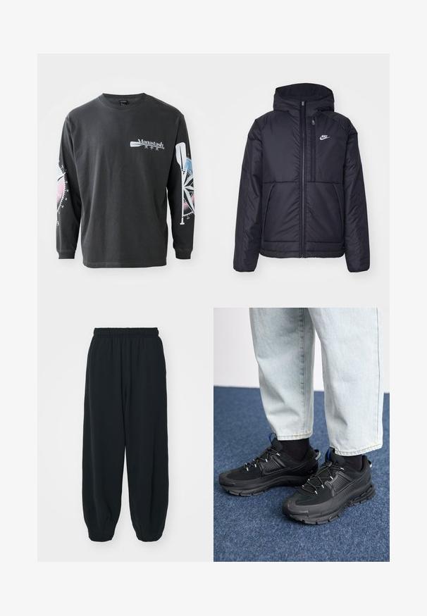 Black, padded Nike jacket with a front zipper and hood. Features a white logo on the left chest and dual front pockets. Smooth exterior texture.; Long-sleeve black cotton t-shirt featuring a logo on the front and graphics of a compass and oar on the sleeves in blue and pink tones.; Black, elasticated-waist sweatpants with a loose fit, cuffed ankles, smooth texture, and no visible patterns or hardware accents.; Black athletic shoes with textured fabric and rubber soles, featuring elastic laces and a blue accent on the heel. Worn with light denim pants.