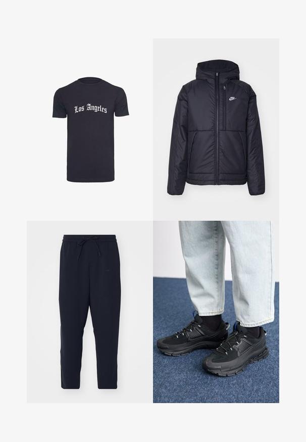 Juodas, paminkštintas Nike džemperis su priekyje užtrauktuku ir gobtuvu. Pasižymi balta logo kairėje krūtinės pusėje ir dviem priekinėmis kišenėmis. Su lygiu išoriniu paviršiumi.; Juodasis medvilninis T marškinėlis su trumpomis rankovėmis, kuriame krūtinėje baltais gotikiniais rašmenimis parašyta "Los Andželas". Vienodos spalvos, standartinio kirpimo.; Jūriniai sportiniai džinsai, pagaminti iš minkštos medžiagos, su elastingu liemeniu ir raišteliu, siaurėjančiomis kojomis ir šoninėmis kišenėmis.; Juodi sportiniai bateliai su tekstūruota medžiaga ir guminiais padais, su elastingomis raišteliais ir mėlynu akcentu ant kulno. Dėvimi su šviesiai mėlynomis džinsinėmis kelnėmis.