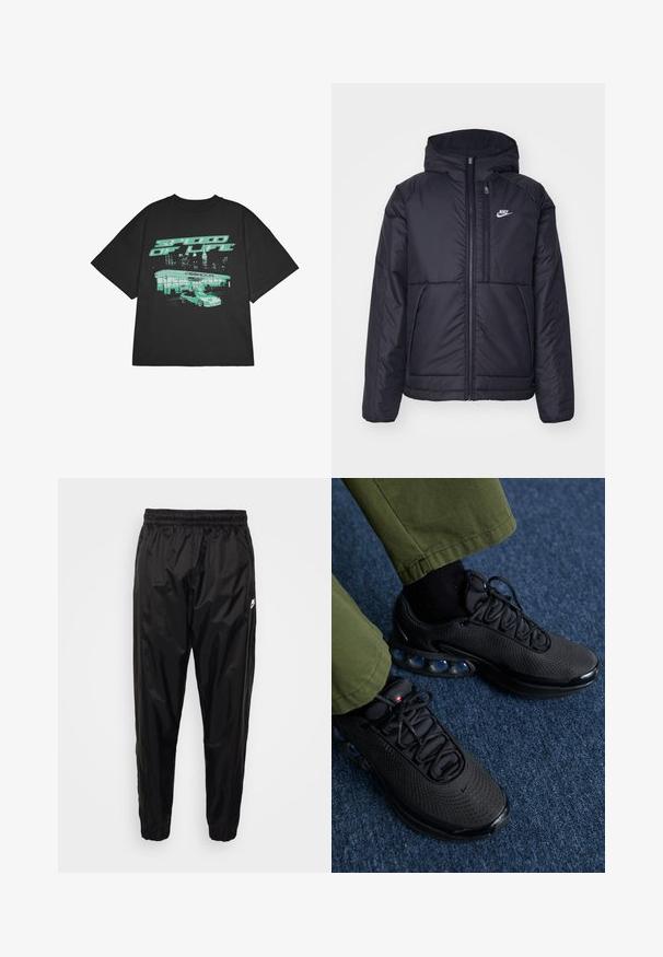 Must musta Nike jope, millel on ees lukuga avamine ja kapuuts. Vasakpoolne rind on kaunistatud valge logoga ning ees on kaks taskut. Sile välimine tekstuur.; Must have mustan t-särk, millel on üle mõõtme lõige, kus on roheline graafika auto ja söögikoha kujutis, millel on tekst "ELU KIIRUS." Lühikesed varrukad.; Kerged mustad spordipüksid, mis on valmistatud kergest ja läikivast materjalist, elastse vöökoha, kitseneva lõike ja lukuga taskutega. Omavad logomotiivi.; Mustad musta jooksujalatseid võrkkangast pealmise, tekstuurse pinna ja nähtavate õhukotikesega. Sobitatud oliiviroheliste pükstega ja mustade sokkidega.