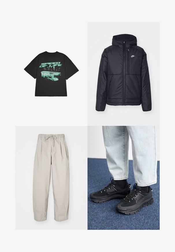 Svart, polstret Nike-jakke med frontglidelås og hette. Har en hvit logo på venstre bryst og doble frontlommer. Glatt ytterside.; Svart bomull t-skjorte med oversized passform som har et grønt grafisk trykk av en bil og en diners, merket "SPEED OF LIFE." Korte ermer.; Beige, lette bukser med elastisk midje og snor. Har folder og løs passform, laget av myk og glatt stoff.; Svarte sportssko med teksturert stoff og gummisåler, med elastiske lisser og en blå detalj på hælen. Brukt med lyse denimbukser.