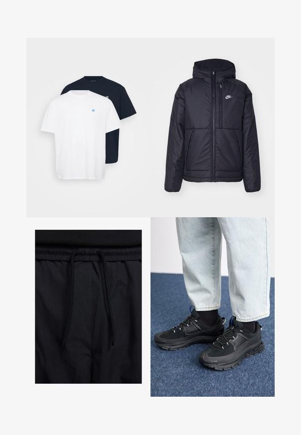 Svart, polstret Nike-jakke med frontglidelås og hette. Har en hvit logo på venstre bryst og doble frontlommer. Glatt ytterside.; To t-skjorter: en hvit med en liten blå logo, en marineblå med en matchende logo. Begge er i bomull, med crew neck og korte ermer.; Sorte shorts med snor i livet, lett stoff med en jevn tekstur, og et enkelt design uten synlige logoer eller mønstre.; Svarte sportssko med teksturert stoff og gummisåler, med elastiske lisser og en blå detalj på hælen. Brukt med lyse denimbukser.