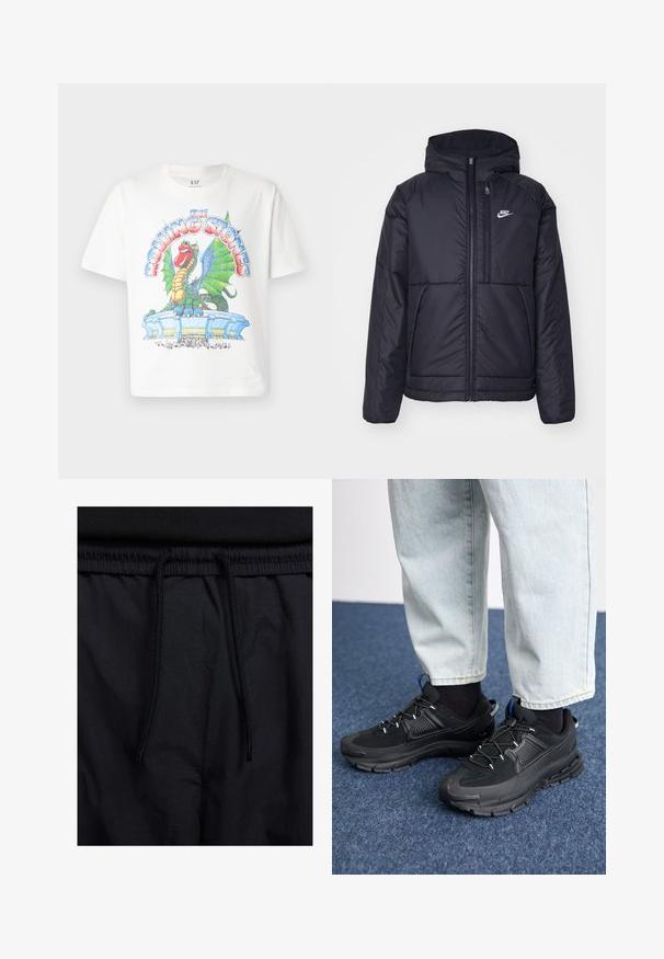 Čierna, polstrovaná bunda Nike so zipsom vpredu a kapucňou. Na ľavej strane hrude sa nachádza biele logo a sú tu dva predné vrecká. Hladký vonkajší povrch.; Biely bavlnený tričko s farebnou grafickou potlačou draka a štadióna, s textom "The Rolling Stones" v tučných, štýlových písmenách.; Čierne šortky s pásom na stiahnutie, z ľahkej látky s hladkou textúrou a jednoduchým dizajnom bez viditeľných log alebo vzorov.; Čierne športové topánky s textúrovanou tkaninou a gumovou podrážkou, so elastickými šnúrkami a modrým akcentom na päte. Nosia sa s svetlými riflami.