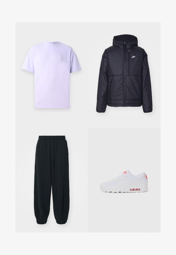 Black, padded Nike jacket with a front zipper and hood. Features a white logo on the left chest and dual front pockets. Smooth exterior texture.; Lilac cotton t-shirt with short sleeves and a round neckline. Features a small embroidered triangular design on the left chest area.; Black, elasticated-waist sweatpants with a loose fit, cuffed ankles, smooth texture, and no visible patterns or hardware accents.; White athletic sneaker featuring a smooth upper, lace closure, cushioned sole, and a visible air unit with red accents on the branding.