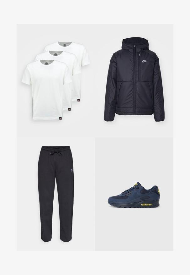 Černá zateplená bunda Nike s předním zipem a kapucí. Na levé straně hrudi má bílé logo a dvojité přední kapsy. Hladký povrch.; Tři jednoduché bílé bavlněné trička s krátkým rukávem. Každé tričko má kulatý výstřih a malou černou štítkovou nášivku na levé straně.; Černé tepláky vyrobené z měkké tkaniny s elastickým pasem, šňůrkou na stažení a malým logem Nike na levém stehně.; Tmavě modré tenisky Nike Air Max se svrškem z semiše a síťoviny, s žlutými akcenty, šněrováním vpředu a viditelným vzduchovým polstrováním v podrážce.