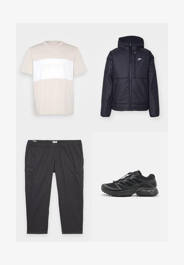 Black, padded Nike jacket with a front zipper and hood. Features a white logo on the left chest and dual front pockets. Smooth exterior texture.; Beige cotton t-shirt with white horizontal panel. Features a crew neckline and subtle embossed logo across the chest. Short sleeves.; Black cargo pants with an elastic waistband, side pockets, and snap button accents. Made of lightweight, smooth fabric.; Black running shoe with mesh and synthetic upper, flexible outsole, and elastic laces. Features a cushioned midsole for comfort.