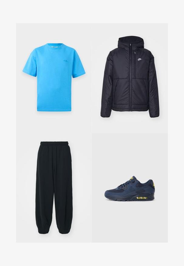 Černá zateplená bunda Nike s předním zipem a kapucí. Na levé straně hrudi má bílé logo a dvojité přední kapsy. Hladký povrch.; Svetle modré bavlněné tričko s krátkým rukávem, kulatým výstřihem a malým logem na levém prsu. Hladká textura a klasický střih.; Černé teplákové kalhoty s elastickým pasem, volným střihem, manžetami na kotnících, hladkým povrchem a bez viditelných vzorů či kovových detailů.; Tmavě modré tenisky Nike Air Max se svrškem z semiše a síťoviny, s žlutými akcenty, šněrováním vpředu a viditelným vzduchovým polstrováním v podrážce.