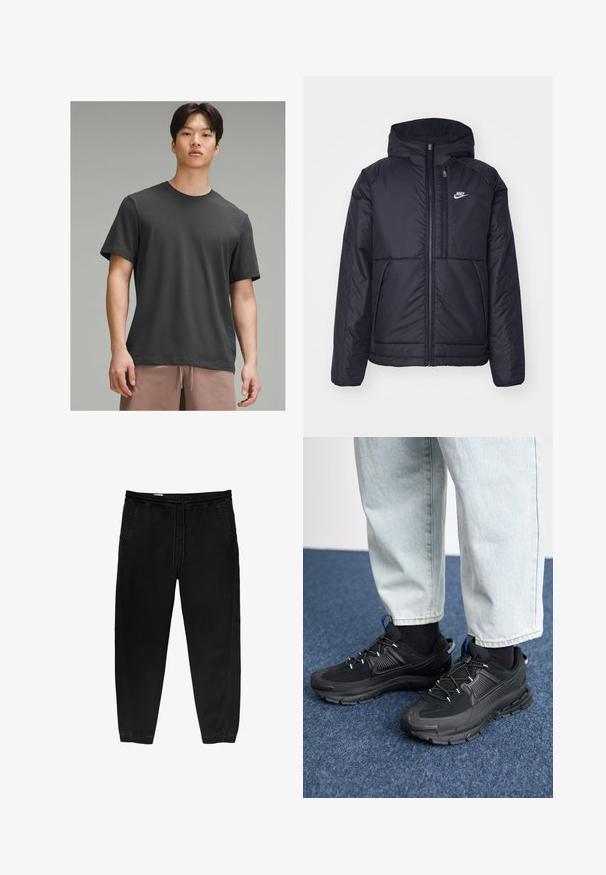 Black, padded Nike jacket with a front zipper and hood. Features a white logo on the left chest and dual front pockets. Smooth exterior texture.; Dark gray short-sleeve t-shirt with a crew neckline, made from soft fabric. Features a relaxed fit and smooth texture.; Black elastic waistband pants with a drawstring, tapered legs, side pockets, and subtle side stitching details. Soft cotton fabric texture.; Black athletic shoes with textured fabric and rubber soles, featuring elastic laces and a blue accent on the heel. Worn with light denim pants.