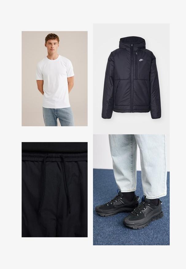 Črna, podložena Nike jakna z sprednjim zadrgo in kapuco. Ima bel logo na levem prsnem delu in dvojna sprednja žepa. Gladka zunanja tekstura.; Mlad moški z svetlo rjavimi lasmi, oblečen v navadno belo majico s kratkimi rokavi in svetlo modre kavbojke, v kontrastu s bež ozadjem.; Črne kratke hlače z vrvico v pasu, lahkotna tkanina z gladko teksturo in preprosto zasnovo brez vidnih logotipov ali vzorcev.; Črne športne čevlje z teksturirano tkanino in gumijastimi podplati, ki imajo elastične vezalke ter modre poudarke na peti. Nosi se z lahkimi denim hlačami.