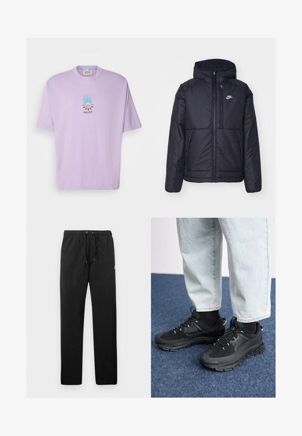Black, padded Nike jacket with a front zipper and hood. Features a white logo on the left chest and dual front pockets. Smooth exterior texture.; Lavender cotton t-shirt with short sleeves, featuring a central graphic of rays and a circular emblem. Crew neckline, relaxed fit.; Black sweatpants made of fleece, featuring an elastic waistband with drawstrings, two front pockets, and a small logo on the thigh.; Black athletic shoes with textured fabric and rubber soles, featuring elastic laces and a blue accent on the heel. Worn with light denim pants.