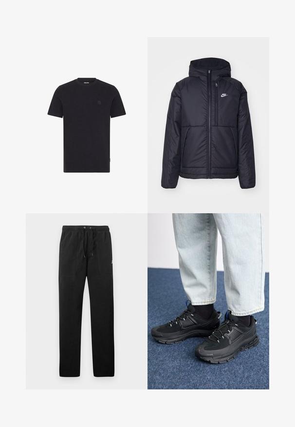 Fekete, párnázott Nike dzseki elülső cipzárral és kapucnival. A bal mellen fehér logó található, valamint két elülső zseb. Simának tűnő külső felület.; Tengerészkék, rövid ujjú póló, texturált anyagból készült. Kerek nyakkal rendelkezik, és diszkrét logó található a mellen. Egyenes, szegélyezett alja van.; Fekete, bolyhos anyagú melegítők, elasztikus derékkal és húzózsinórral, két elülső zsebbel és egy kisméretű logóval a combján.; Fekete sportcipők texturált anyaggal és gumitalppal, elasztikus fűzőkkel és kék kiegészítővel a saroknál. Világos farmernadrággal viselve.