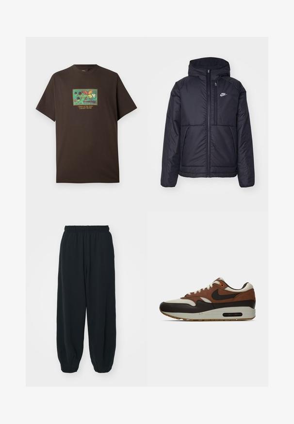 Černá zateplená bunda Nike s předním zipem a kapucí. Na levé straně hrudi má bílé logo a dvojité přední kapsy. Hladký povrch.; Hnědé bavlněné tričko s barevným potiskem ovoce a listů. Krátké rukávy, volný střih a kulatý výstřih.; Černé teplákové kalhoty s elastickým pasem, volným střihem, manžetami na kotnících, hladkým povrchem a bez viditelných vzorů či kovových detailů.; Hnědé, krémové a černé Nike Air Max tenisky s viditelnou vzduchovou bublinou a šněrovacím designem, zobrazené v bočním profilu na bílém pozadí.