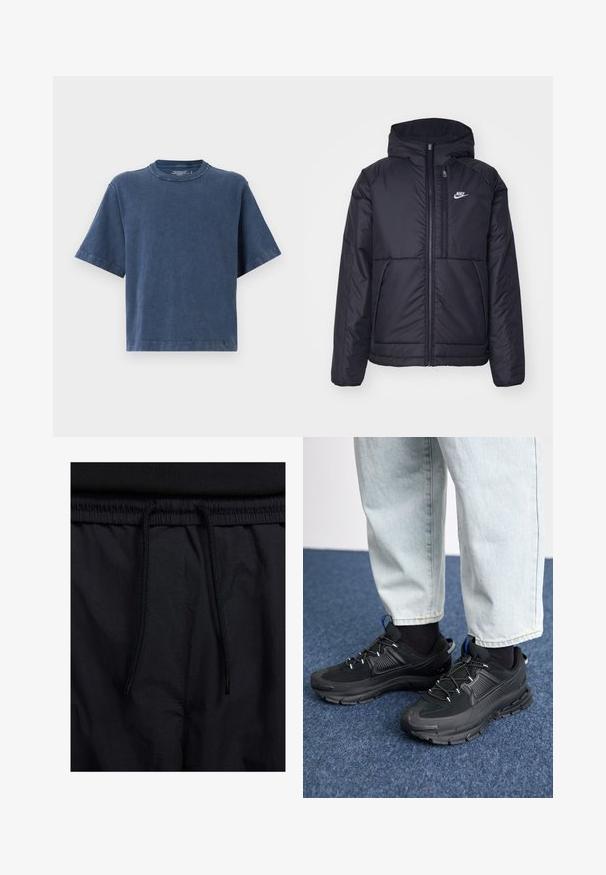 Čierna, polstrovaná bunda Nike so zipsom vpredu a kapucňou. Na ľavej strane hrude sa nachádza biele logo a sú tu dva predné vrecká. Hladký vonkajší povrch.; Bavlnené tričko v tmavomodrej farbe, s okrúhlym výstrihom, krátkymi rukávmi a voľným strihom. Hladká textúra s čistými švovými detailmi.; Čierne šortky s pásom na stiahnutie, z ľahkej látky s hladkou textúrou a jednoduchým dizajnom bez viditeľných log alebo vzorov.; Čierne športové topánky s textúrovanou tkaninou a gumovou podrážkou, so elastickými šnúrkami a modrým akcentom na päte. Nosia sa s svetlými riflami.