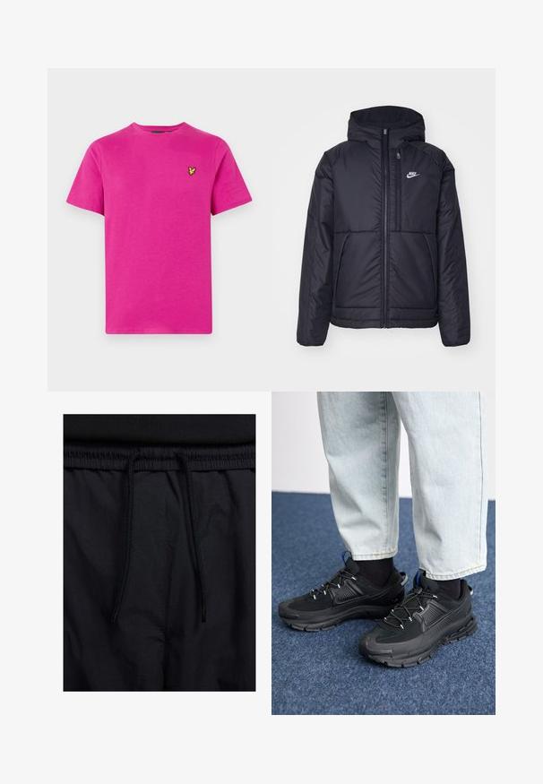 Jachetă Nike neagră, căptușită, cu fermoar pe față și glugă. Prezintă un logo alb pe pieptul stâng și două buzunare frontale. Textură exterioară netedă.; Tricou din bumbac roz, cu guler rotund și mâneci scurte. Are un mic logo brodat galben pe partea stângă a pieptului. Textură netedă.; Șorturi negre cu un brâu reglabil, dintr-un material ușor cu o textură netedă și un design simplu, fără logo-uri sau modele vizibile.; Pantofi sport negri, cu țesătură texturată și tălpi din cauciuc, având șireturi elastice și un accent albastru pe toc. Purtați cu pantaloni din denim deschis.