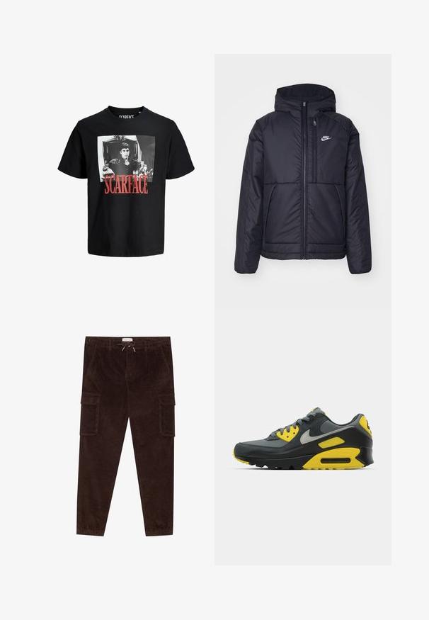 Sort, polstret Nike-jakke med frontlynlås og hætte. Har et hvidt logo på venstre bryst og to frontlommer. Glat ydre tekstur.; Sort bomulds t-shirt med et fremtrædende hvidt grafisk billede af en mand i en stol. Ordet "SCARFACE" er trykt i fed rød nedenfor billedet.; Brune kordfløjs cargo-bukser med elastisk talje, snor, to sidelommer og to store cargo-lommer på lårene.; Grå og gul Nike Air Max 90 sneaker vist på en hvid baggrund, der viser dens design og farvekontraster.