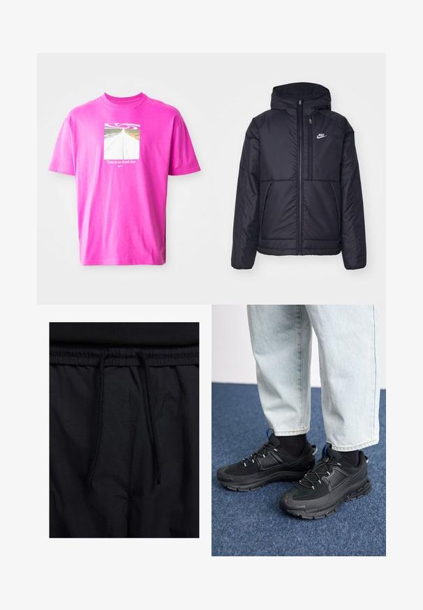Sort, polstret Nike-jakke med frontlynlås og hætte. Har et hvidt logo på venstre bryst og to frontlommer. Glat ydre tekstur.; Lyserød bomulds-t-shirt med et firkantet grafisk design, der viser en snoet vej og teksten "Der er ingen målstreg" under et virvel-design. Korte ærmer.; Sorte shorts med snoretræk i taljen, letvægtsstof med en glat tekstur og et simpelt design uden synlige logoer eller mønstre.; Sorte træningssko med tekstureret stof og gummisåler, udstyret med elastiske snørebånd og en blå detalje på hælen. Bæres med lyse denimbukser.