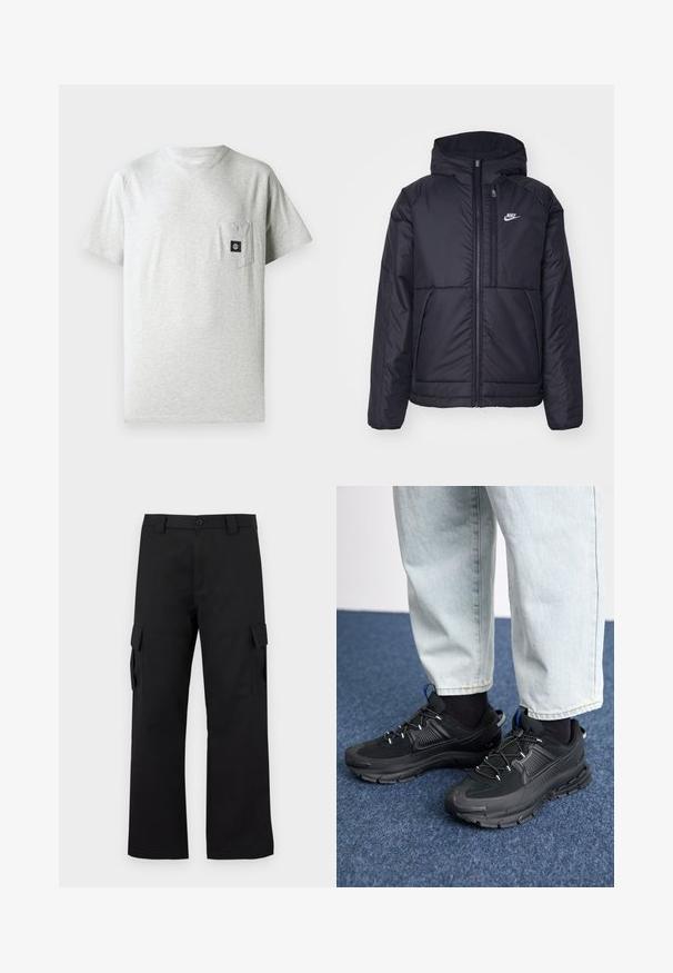 Black, padded Nike jacket with a front zipper and hood. Features a white logo on the left chest and dual front pockets. Smooth exterior texture.; Men's gray cotton t-shirt with a round neckline, short sleeves, and left chest pocket featuring a small black logo patch.; Black cargo pants with a straight leg design. Made from durable fabric, featuring two side pockets with flap closures and a button fly.; Black athletic shoes with textured fabric and rubber soles, featuring elastic laces and a blue accent on the heel. Worn with light denim pants.