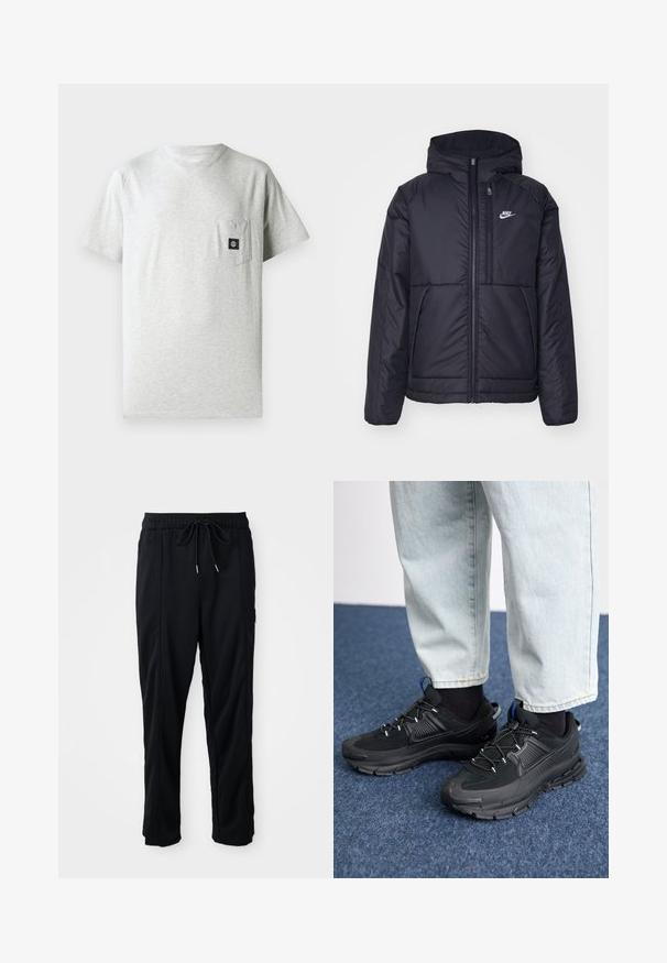 Casaco Nike preto, acolchoado, com fecho à frente e capuz. Apresenta um logo branco no lado esquerdo do peito e dois bolsos frontais. Textura exterior lisa.; T-shirt cinza em algodão para homem, com decote redondo, mangas curtas e bolso no peito esquerdo, ostentando um pequeno emblema preto.; Calças casuais pretas com cordão na cintura, com bolsos laterais e corte reto, sobre um fundo simples.; Sapatilhas desportivas pretas com tecido texturizado e solas em borracha, apresentando atacadores elásticos e um detalhe azul no calcanhar. Usadas com calças de ganga claras.