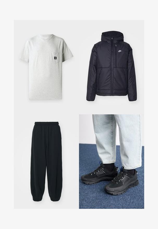 Black, padded Nike jacket with a front zipper and hood. Features a white logo on the left chest and dual front pockets. Smooth exterior texture.; Men's gray cotton t-shirt with a round neckline, short sleeves, and left chest pocket featuring a small black logo patch.; Black, elasticated-waist sweatpants with a loose fit, cuffed ankles, smooth texture, and no visible patterns or hardware accents.; Black athletic shoes with textured fabric and rubber soles, featuring elastic laces and a blue accent on the heel. Worn with light denim pants.
