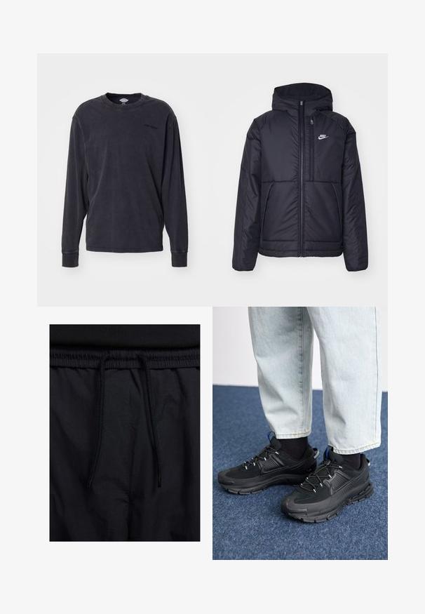 Črna, podložena Nike jakna z sprednjim zadrgo in kapuco. Ima bel logo na levem prsnem delu in dvojna sprednja žepa. Gladka zunanja tekstura.; Majica s dolgimi rokavi v temno ogljeni barvi, narejena iz mehkega bombaža. Ima okroglo ovratnico in izvezeno logo na prsih. Klasičen kroj.; Črne kratke hlače z vrvico v pasu, lahkotna tkanina z gladko teksturo in preprosto zasnovo brez vidnih logotipov ali vzorcev.; Črne športne čevlje z teksturirano tkanino in gumijastimi podplati, ki imajo elastične vezalke ter modre poudarke na peti. Nosi se z lahkimi denim hlačami.
