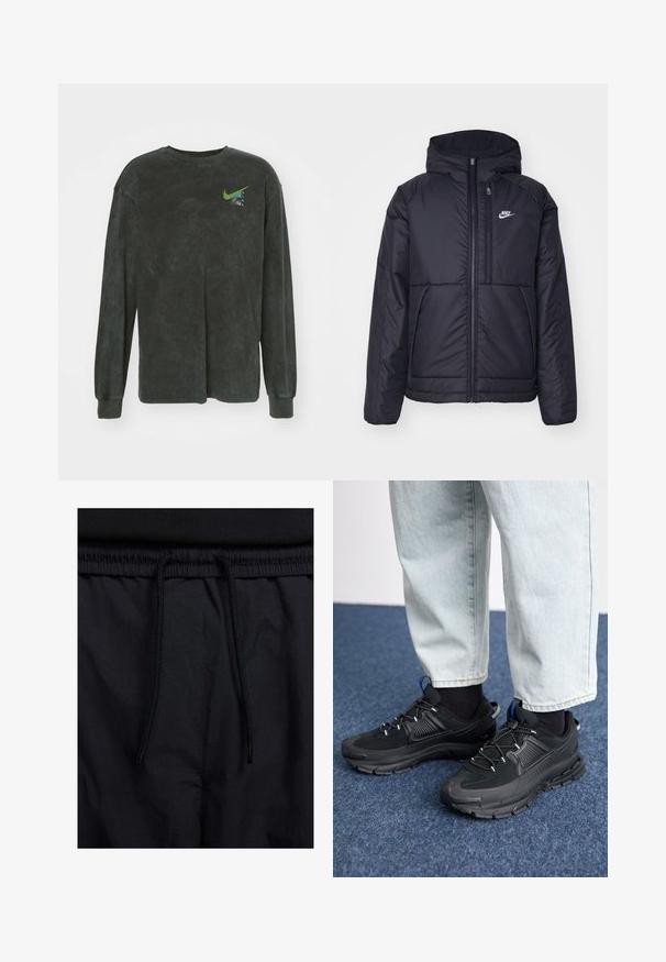 Schwarze, gepolsterte Nike-Jacke mit Frontreißverschluss und Kapuze. Hat ein weißes Logo auf der linken Brust und zwei Fronttaschen. Glattes äußeres Material.; Schwarzes Langarm-T-Shirt aus weichem Stoff mit leicht strukturiertem Finish. Mit grünem Nike-Logo und einer kleinen Grafik auf der Brust.; Schwarze Shorts mit einem Kordelzugbund, leichtem Stoff mit glatter Textur und einem schlichten Design ohne sichtbare Logos oder Muster.; Schwarze Sportschuhe aus strukturiertem Stoff mit Gummisohlen, ausgestattet mit elastischen Schnürsenkeln und einem blauen Akzent an der Ferse. Getragen mit hellen Jeans.