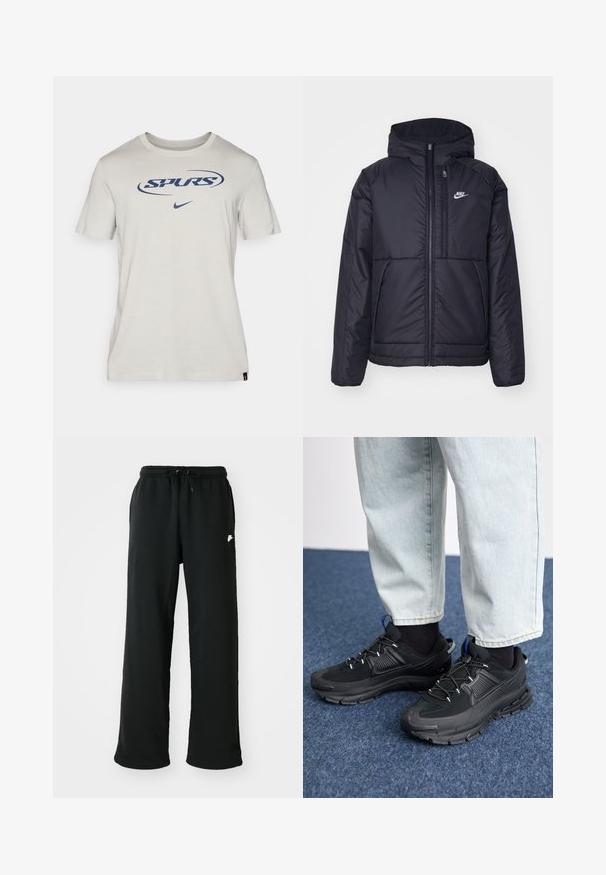 Čierna, polstrovaná bunda Nike so zipsom vpredu a kapucňou. Na ľavej strane hrude sa nachádza biele logo a sú tu dva predné vrecká. Hladký vonkajší povrch.; Svetlosivá bavlnená polokošeľa s krátkymi rukávmi, ktorá má modré logo "SPURS" a Nike swoosh. Jednoduchý okrúhly výstrih a etiketa na leme.; Čierne tepláky vyrobené z mäkkej tkaniny, s elastickým pásom a nastaviteľnou šnúrkou, a malým logom na boku.; Čierne športové topánky s textúrovanou tkaninou a gumovou podrážkou, so elastickými šnúrkami a modrým akcentom na päte. Nosia sa s svetlými riflami.