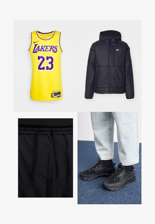 Črna, podložena Nike jakna z sprednjim zadrgo in kapuco. Ima bel logo na levem prsnem delu in dvojna sprednja žepa. Gladka zunanja tekstura.; Rumena Nike majica z vijoličastimi poudarki, s potiskom "LAKERS" in številko "23" v krepkem fontu. Stranski rehki in oznaka na robu.; Črne kratke hlače z vrvico v pasu, lahkotna tkanina z gladko teksturo in preprosto zasnovo brez vidnih logotipov ali vzorcev.; Črne športne čevlje z teksturirano tkanino in gumijastimi podplati, ki imajo elastične vezalke ter modre poudarke na peti. Nosi se z lahkimi denim hlačami.