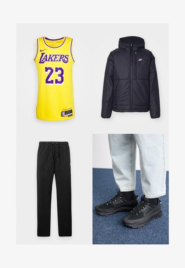 Zwarte, gewatteerde Nike-jas met een voorkant met ritssluiting en capuchon. Kenmerkt zich door een wit logo op de linkerborst en dubbele frontzakken. Gladde buitenkant.; Geel Nike-shirt met paarse accenten, voorzien van de tekst "LAKERS" en nummer "23" in vetgedrukte lettertype. Zijventilaties en label aan de onderrand.; Zwarte sweatpants van fleece, met een elastische tailleband met trekkoorden, twee voorzakken en een klein logo op de dij.; Zwarte sportschoenen met gestructureerde stof en rubberen zolen, met elastische veters en een blauwe accent op de hiel. Draag samen met lichte spijkerbroeken.