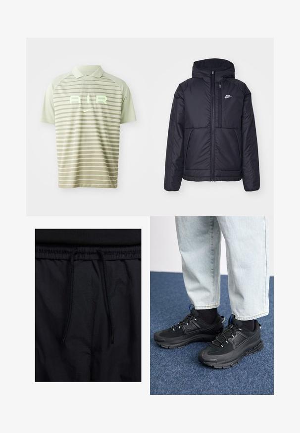 Juodas, paminkštintas Nike džemperis su priekyje užtrauktuku ir gobtuvu. Pasižymi balta logo kairėje krūtinės pusėje ir dviem priekinėmis kišenėmis. Su lygiu išoriniu paviršiumi.; Kaki juostos polo marškiniai, pagaminti iš lygios medžiagos, su apykakle ir dideliu šviesiai žaliu "AIR" logotipu, kartu su Nike logotipu.; Juodos šortai su raišteliu juosmens srityje, lengva medžiaga su lygiu paviršiumi ir paprastas dizainas be matomų logotipų ar raštų.; Juodi sportiniai bateliai su tekstūruota medžiaga ir guminiais padais, su elastingomis raišteliais ir mėlynu akcentu ant kulno. Dėvimi su šviesiai mėlynomis džinsinėmis kelnėmis.