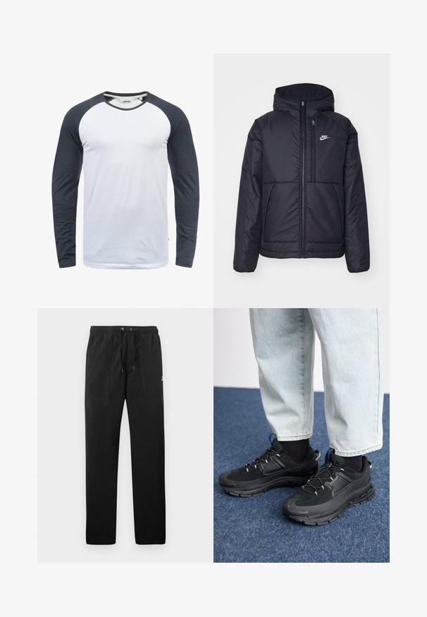 Črna, podložena Nike jakna z sprednjim zadrgo in kapuco. Ima bel logo na levem prsnem delu in dvojna sprednja žepa. Gladka zunanja tekstura.; Majica s dolgimi rokavi z belo podlago in temnosivimi raglan rokavi. Narejena je iz gladkega materiala z zaobljenim ovratnikom in subtilnimi šivi.; Črne trenirke iz flisa, z elastičnim pasom in vrvico, dvema sprednjima žepoma ter majhnim logotipom na stegnu.; Črne športne čevlje z teksturirano tkanino in gumijastimi podplati, ki imajo elastične vezalke ter modre poudarke na peti. Nosi se z lahkimi denim hlačami.