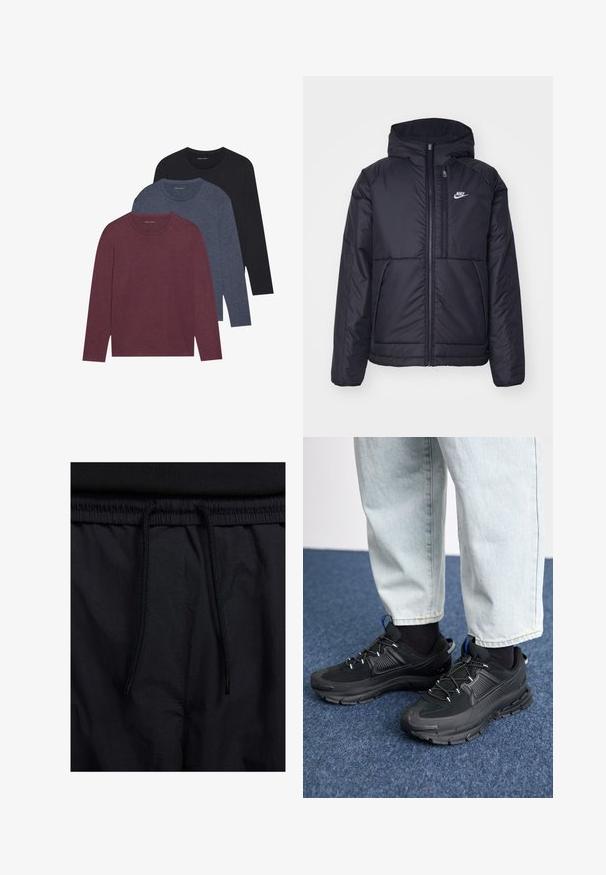 Black, padded Nike jacket with a front zipper and hood. Features a white logo on the left chest and dual front pockets. Smooth exterior texture.; Three long-sleeve t-shirts in burgundy, dark blue, and black. Cotton material, crew neck, solid colors, with subtle texture.; Black shorts featuring a drawstring waistband, lightweight fabric with a smooth texture, and a simple design without visible logos or patterns.; Black athletic shoes with textured fabric and rubber soles, featuring elastic laces and a blue accent on the heel. Worn with light denim pants.