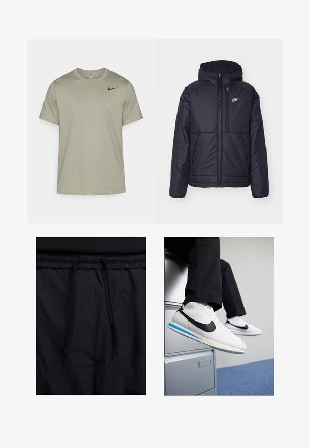Chaqueta acolchada negra de Nike con cremallera frontal y capucha. Presenta un logo blanco en el lado izquierdo del pecho y dos bolsillos frontales. Textura exterior suave.; Camiseta Nike verde oliva con cuello redondo, mangas cortas y un pequeño logo negro en la parte superior izquierda. Confeccionada con una tela suave y transpirable.; Pantalones cortos negros con cinturilla ajustable, tejido ligero con una textura suave y un diseño sencillo sin logotipos visibles ni patrones.; Zapatillas blancas de cuero con un swoosh negro de Nike, suela de goma en azul claro y gris, y un diseño clásico de cordones. Pies apoyados en un archivero.