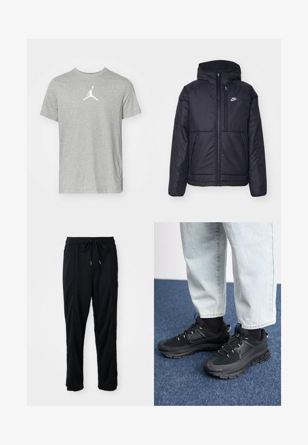 Fekete, párnázott Nike dzseki elülső cipzárral és kapucnival. A bal mellen fehér logó található, valamint két elülső zseb. Simának tűnő külső felület.; Szürke, rövid ujjú, pamut keverékből készült póló, középen fehér Jumpman logóval. Klasszikus, kerek nyakú dizájn.; Fekete húzózsinóros, kényelmes nadrág oldalsó varrású zsebekkel és egyenes szabással, egyszínű háttéren.; Fekete sportcipők texturált anyaggal és gumitalppal, elasztikus fűzőkkel és kék kiegészítővel a saroknál. Világos farmernadrággal viselve.