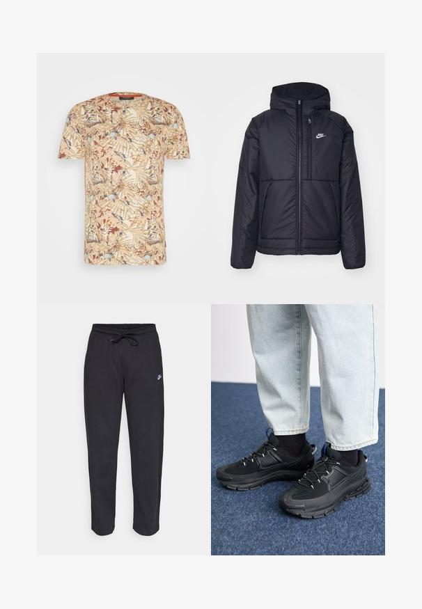 Zwarte, gewatteerde Nike-jas met een voorkant met ritssluiting en capuchon. Kenmerkt zich door een wit logo op de linkerborst en dubbele frontzakken. Gladde buitenkant.; Korteklassige t-shirt met een beige basis en een meerkleurig bladenpatroon in bruintinten, blauw en crème. Ronde halslijn, zachte stof.; Zwarte sweatpants van zacht stof met een elastische tailleband, trekkoord en een klein Nike-logo op de linker bovenbeen.; Zwarte sportschoenen met gestructureerde stof en rubberen zolen, met elastische veters en een blauwe accent op de hiel. Draag samen met lichte spijkerbroeken.