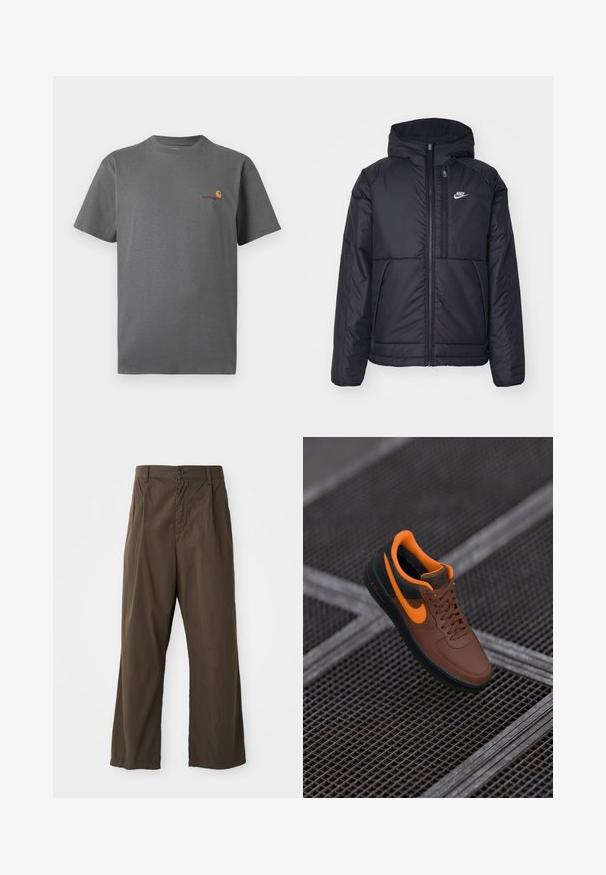 Black, padded Nike jacket with a front zipper and hood. Features a white logo on the left chest and dual front pockets. Smooth exterior texture.; Gray short-sleeve t-shirt made of cotton; features a subtle logo in orange and burgundy on the chest. Basic crew neck design.; Brown, wide-leg trousers made of cotton with a front button closure, belt loops, and a smooth, matte texture.; Brown leather sneaker with orange accents, round toe, lace-up design, and textured surface. Green rubber sole with "AIR" branding visible.