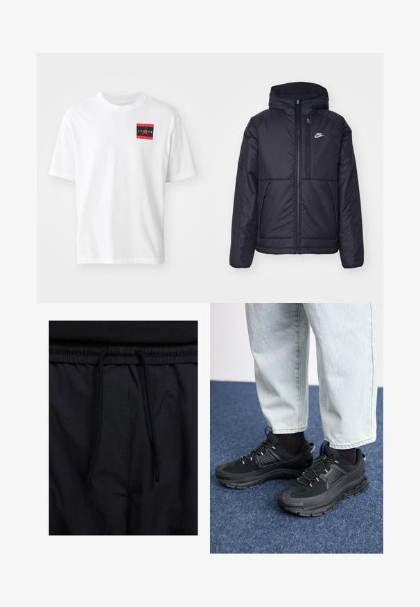 Casaco Nike preto, acolchoado, com fecho à frente e capuz. Apresenta um logo branco no lado esquerdo do peito e dois bolsos frontais. Textura exterior lisa.; T-shirt de algodão branco com um gráfico retangular vermelho e preto com o texto "AUTHENTIC JORDAN BY NIKE" no lado esquerdo da frente. Manga curta.; Calções pretos com um cós elástico ajustável, fabricados em tecido leve com uma textura suave e um design simples, sem logótipos ou padrões visíveis.; Sapatilhas desportivas pretas com tecido texturizado e solas em borracha, apresentando atacadores elásticos e um detalhe azul no calcanhar. Usadas com calças de ganga claras.