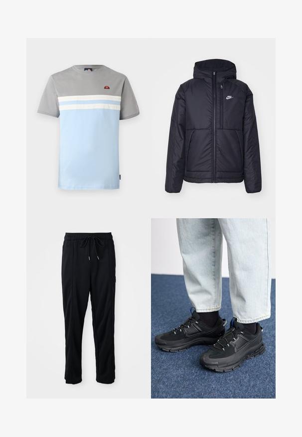 Černá zateplená bunda Nike s předním zipem a kapucí. Na levé straně hrudi má bílé logo a dvojité přední kapsy. Hladký povrch.; Tričko s krátkým rukávem v šedé a světle modré barvě, zdobené horizontálními bílými pruhy a malým logem na hrudi. Bavlněný materiál, ležérní design.; Černé casual kalhoty se stahovací šňůrkou v pase, bočními kapsami a rovnými nohavicemi na jednobarevném pozadí.; Černé sportovní boty s texturovanou tkaninou a gumovou podrážkou, s elastickými tkaničkami a modrým akcentem na patě. Nosí se s světlými džíny.