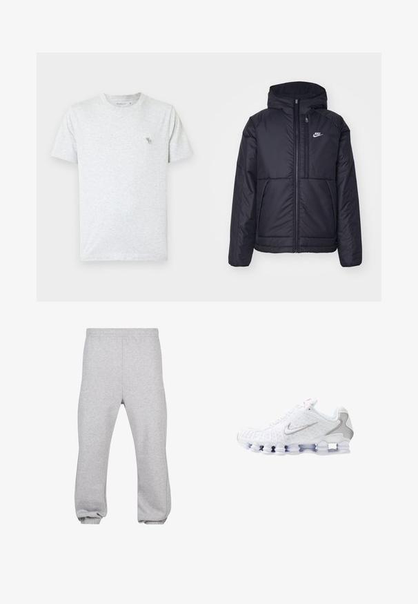 Svart, vadderad Nike-jacka med dragkedja framtill och huva. Har en vit logotyp på vänster bröst och dubbla framfickor. Slät yttextur.; Ljusgrå t-shirt i mjuk bomull med rund halsringning och korta ärmar. Litet grönt djur-logotyp på övre vänstra bröstet.; Grå sweatpants i blandad bomull, med elastisk midja, tapered ben och muddade fållar. Enkelt design utan mönster.; Vita sportskor med en texturerad ovandel, en silverfärgad swoosh-logotyp, meshpaneler och en distinkt segmenterad vit sula.