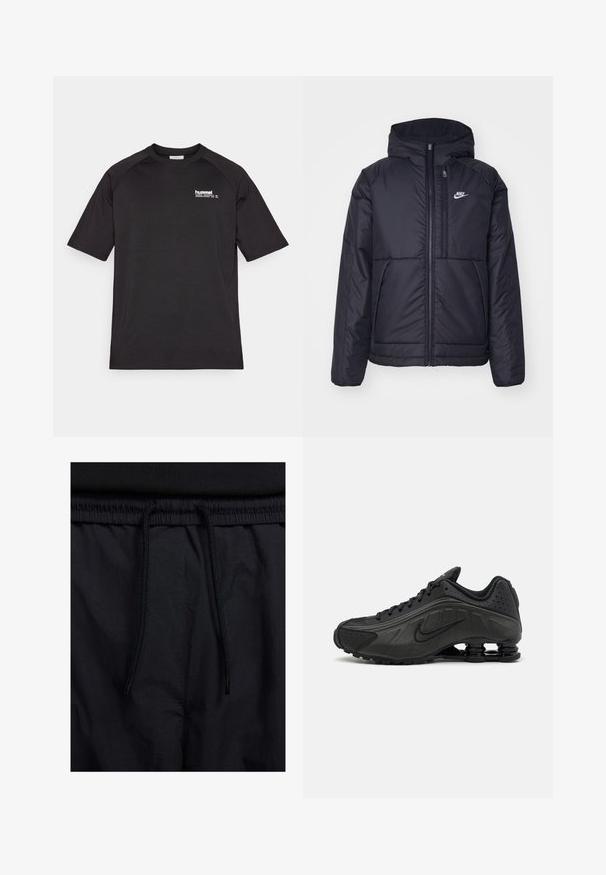 Black, padded Nike jacket with a front zipper and hood. Features a white logo on the left chest and dual front pockets. Smooth exterior texture.; Black short-sleeve t-shirt made of soft fabric, featuring a white 'hummel' logo on the left chest and raglan-style sleeves.; Black shorts featuring a drawstring waistband, lightweight fabric with a smooth texture, and a simple design without visible logos or patterns.; Black running shoes featuring a smooth synthetic upper, perforated accents, textured side panels, and a distinct springy sole.