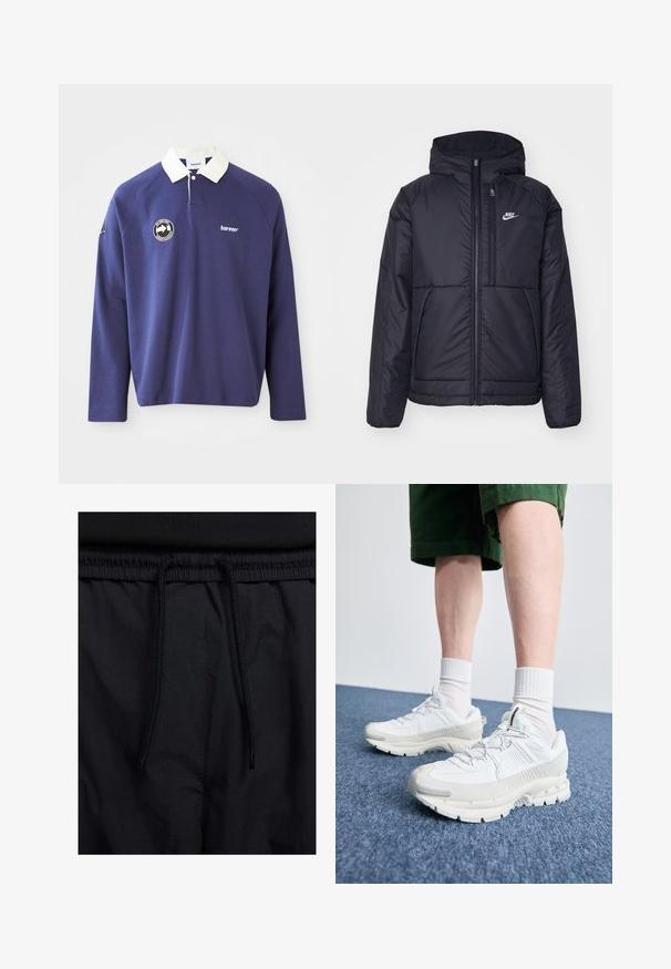 Fekete, párnázott Nike dzseki elülső cipzárral és kapucnival. A bal mellen fehér logó található, valamint két elülső zseb. Simának tűnő külső felület.; Tengerészkék hosszú ujjú polo póló, fehér gallérral, bal mellkason kerek logóval és hímzett "bareen" felirattal. Puha anyag.; Fekete rövidnadrág, húzózsinórral ellátott derékrésszel, könnyű anyagból, sima felszínen, egyszerű dizájnnal, látható logók vagy minták nélkül.; Fehér sportcipők texturált burkolattal, vastag talppal és szürke részletekkel. Fehér sportzoknival és zöld rövidnadrággal viselve, kék felületen.