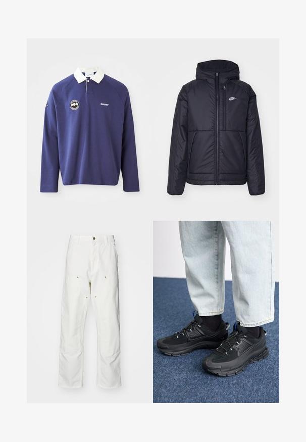 Melna, pufota Nike jaka ar priekšējo rāvējslēdzēju un kapuci. Iezīmēta ar baltu logotipu uz kreisās krūtis un divām priekšējām kabatām. Gluda ārējā tekstūra.; Jūras spēku garām piedurknēm polo krekls ar baltu apkakli, ar apļu logotipu uz kreisā krūšu daļas un izšūtu tekstu "bareen". Mīksts materials.; Baltas kokvilnas kargo bikses ar brīvu piegriezumu. Iezīmes ietver priekšējās kabatas, zeltītas detaļas un pastiprinātas ceļa daļas.; Melni sporta apavi ar strukturētu audumu un gumijas zoli, ar elastīgām auklām un zilu akcentu uz papēža. Nēsāti ar gaišām džinsu biksēm.