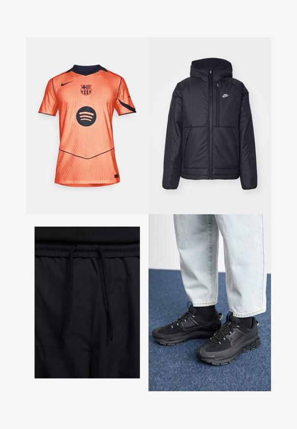 Svart, polstret Nike-jakke med frontglidelås og hette. Har en hvit logo på venstre bryst og doble frontlommer. Glatt ytterside.; Oransje sportsdrakt med korte ermer, teksturert stoff, marineblå detaljer, med Barcelona-merket og en svart Spotify-logo på forsiden.; Sorte shorts med snor i livet, lett stoff med en jevn tekstur, og et enkelt design uten synlige logoer eller mønstre.; Svarte sportssko med teksturert stoff og gummisåler, med elastiske lisser og en blå detalj på hælen. Brukt med lyse denimbukser.