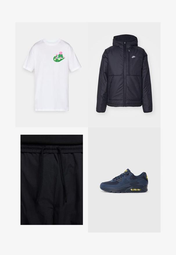 Μαύρο, επενδυμένο μπουφάν Nike με μπροστινό φερμουάρ και κουκούλα. Διαθέτει λευκό λογότυπο στο αριστερό στήθος και διπλές μπροστινές τσέπες. Λείο εξωτερικό υλικό.; Αρχική λευκή βαμβακερή μπλούζα με πολύχρωμο γραφικό σχέδιο σε πράσινο και ροζ, απεικόνιση κάκτων και λουλουδιών στην αριστερή περιοχή του στήθους.; Μαύρο σορτσάκι με ζωνάκι που ρυθμίζεται, ελαφρύ ύφασμα με απλή υφή και απλό σχέδιο χωρίς ορατά λογότυπα ή μοτίβα.; Ναυτικό μπλε Nike Air Max παπούτσια με σουέτ και διχτυωτό επάνω μέρος, με κίτρινες λεπτομέρειες, δέσιμο μπροστά και ορατή αεροστρώση στην σόλα.
