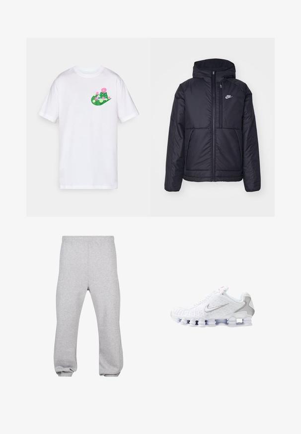 Fekete, párnázott Nike dzseki elülső cipzárral és kapucnival. A bal mellen fehér logó található, valamint két elülső zseb. Simának tűnő külső felület.; Fehér pamut póló, amelyen színes grafikai mintázat látható zöld és rózsaszín árnyalatokban, kaktuszokkal és virágokkal a bal mellen.; Szürke pamutkeverék sport nadrág, rugalmas derekú, tapered (keskenyített) lábakkal és szegővel ellátott nadrágszárral. Egyszerű dizájn, minták nélkül.; Fehér sportcipők, melyek texturált felsőrésszel rendelkeznek, ezüst színű swoosh logóval, hálós panelekből állnak, és jellegzetes, szegmentált fehér talppal.