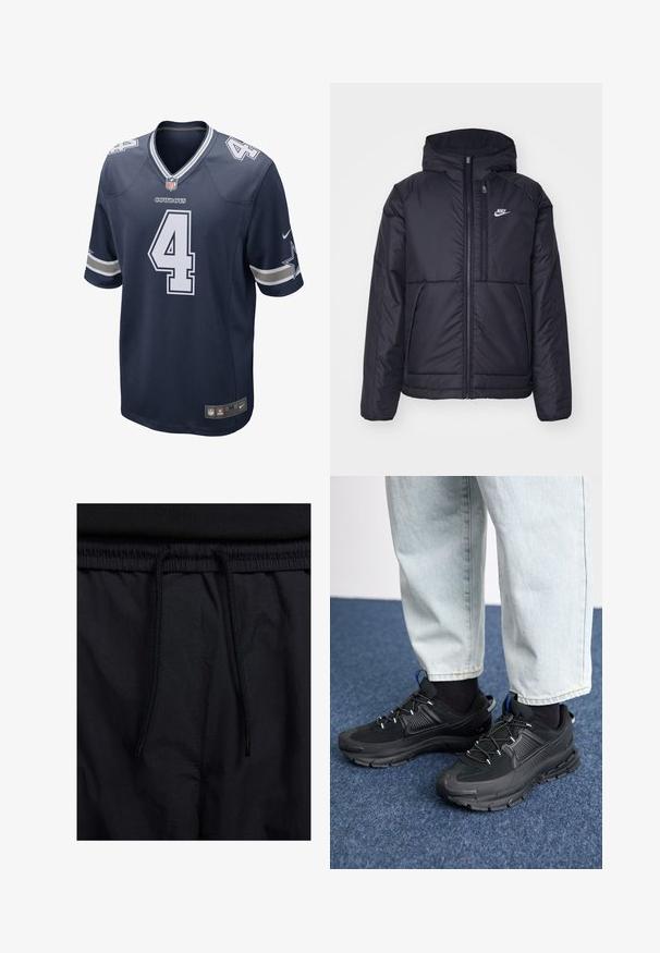 Giacca Nike nera, imbottita, con zip frontale e cappuccio. Presenta un logo bianco sul lato sinistro del petto e doppie tasche frontali. Texture esterna liscia.; Maglia NFL blu navy con numeri bianchi "4" e testo "COWBOYS". Presenta strisce grigie e bianche sulle maniche. Realizzata in un tessuto traspirante.; Shorts neri con vita regolabile tramite coulisse, tessuto leggero con una texture liscia e un design semplice senza loghi o motivi visibili.; Scarpe sportive nere con tessuto testurizzato e suole in gomma, dotate di lacci elastici e un accento blu sul tallone. Indossate con pantaloni in denim chiaro.